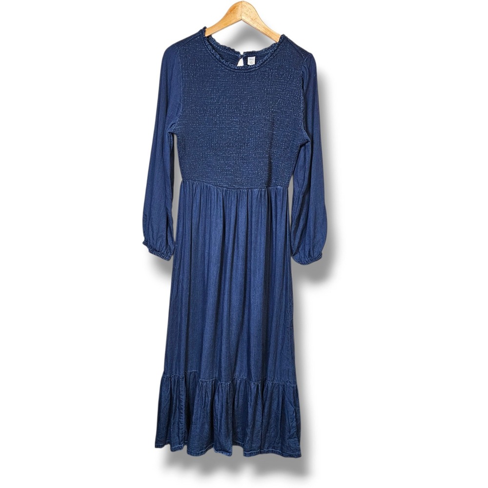 Old Navy Midi Dress M Blue Smocked Tiered Ruffle Modest Western Fall Prairie